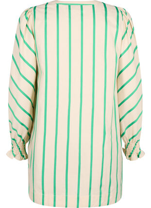 Stripete tunika i bomull med smock og volanger, Beige Green Stripe, Packshot image number 1
