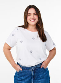 T-skjorte i økologisk bomull med broderte motiv, Hvit T-skjorte i økologisk bomull med broderte motiv, Hvit, Model