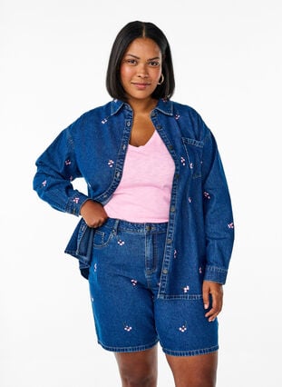 Zizzi Dongerishorts med broderte blomster, Blå, Model image number 0
