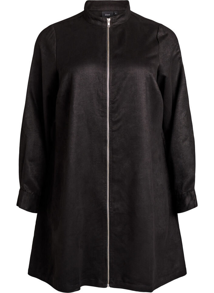 Lang skjorte i imitert semsket skinn med glidelås, Svart, Packshot image number 0