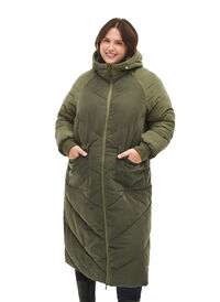 Lang fargeblokket vinterjakke med hette, Forest Night Comb, Model