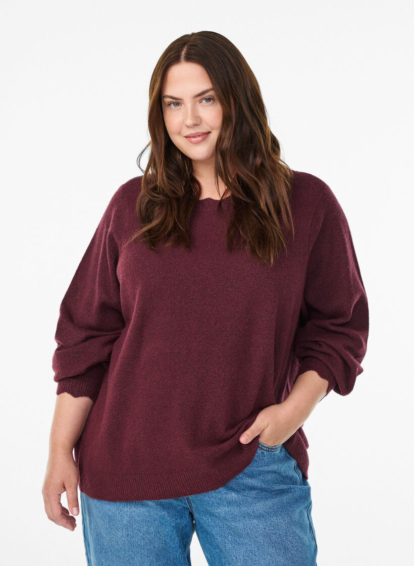 Strikkebluse med b&oslash;lgete kanter, M&oslash;rk Bordeaux, Model image number 0