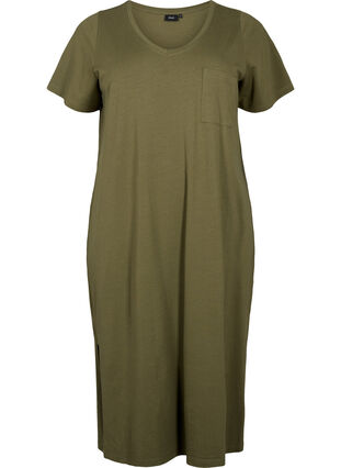 Kortermet kjole i bomull med splitt, Ivy Green, Packshot image number 0