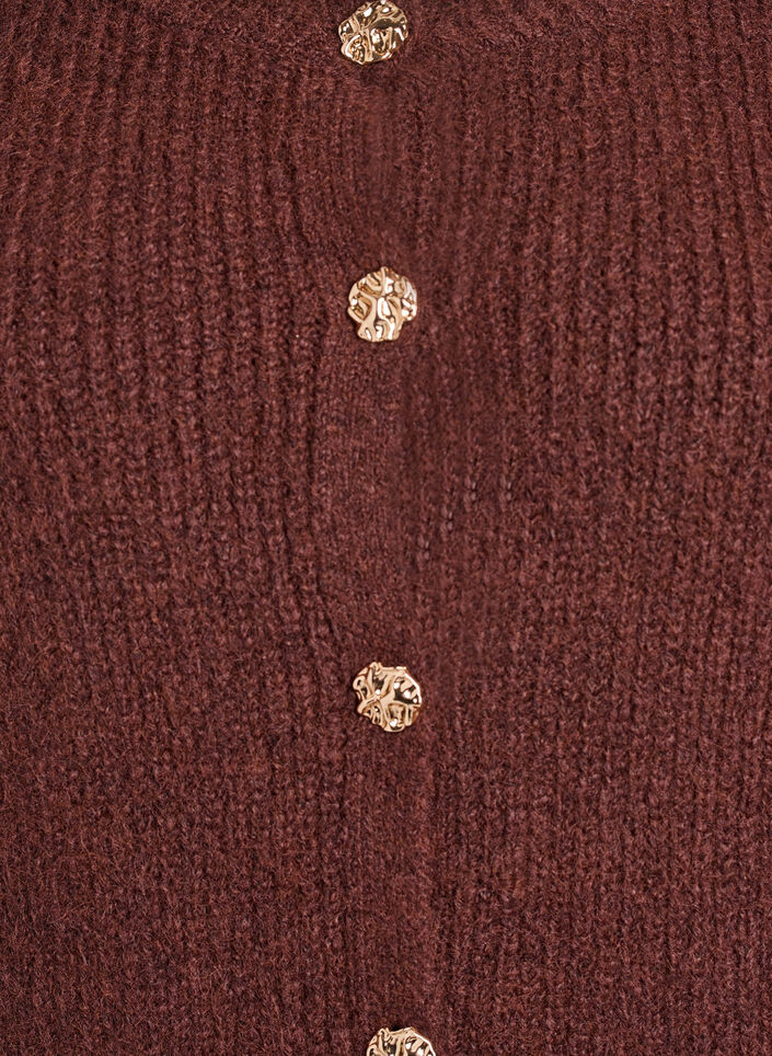 Kort cardigan med 3/4-ermer og gullfargede teksturerte knapper, Brown Stone Mel., Packshot