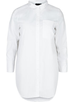 Lang bomullsskjorte med lomme på brystet, White, Packshot image number 0