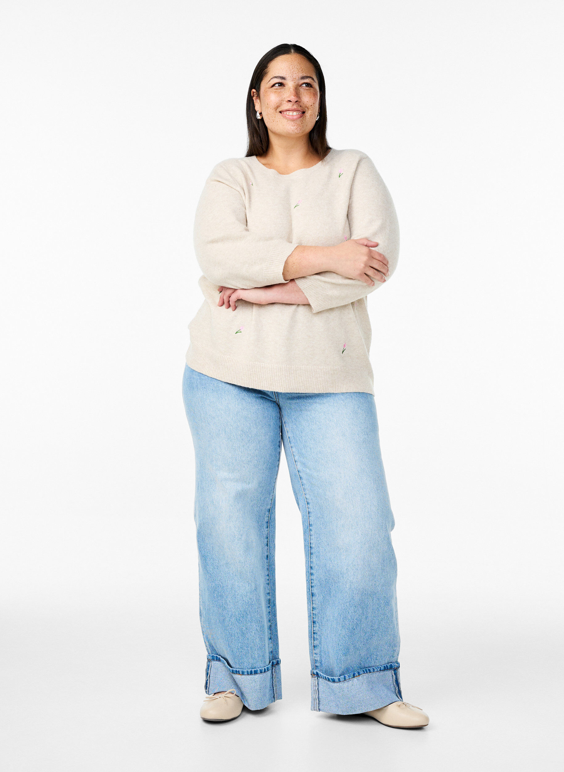 Zizzi Strikket bluse med blomster og 3/4 ermer, Pumice Stone Mel., Model image number 2