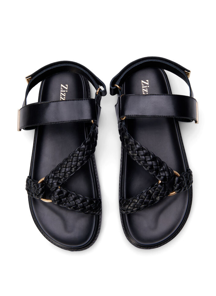 Lærsandal med flettede stropper og bred passform, Svart, Packshot image number 2
