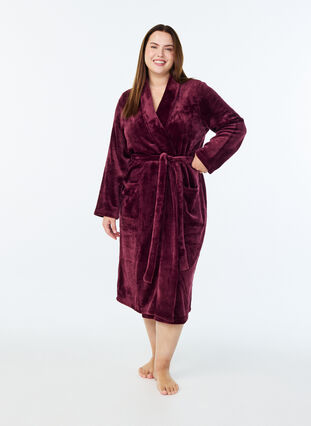 Zizzi Badekåpe i myk velur med lommer, Mørk Bordeaux, Model image number 0
