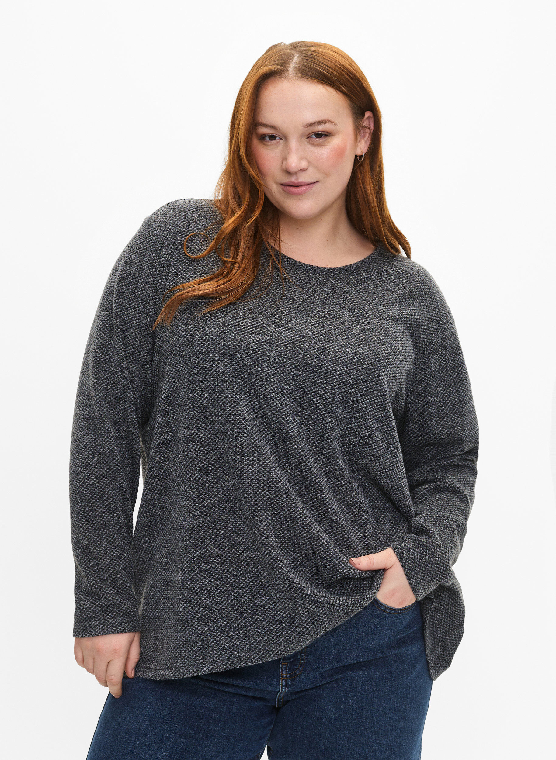 Zizzi Melange Bluse med rund hals og lange ermer, Dark Grey, Model image number 0