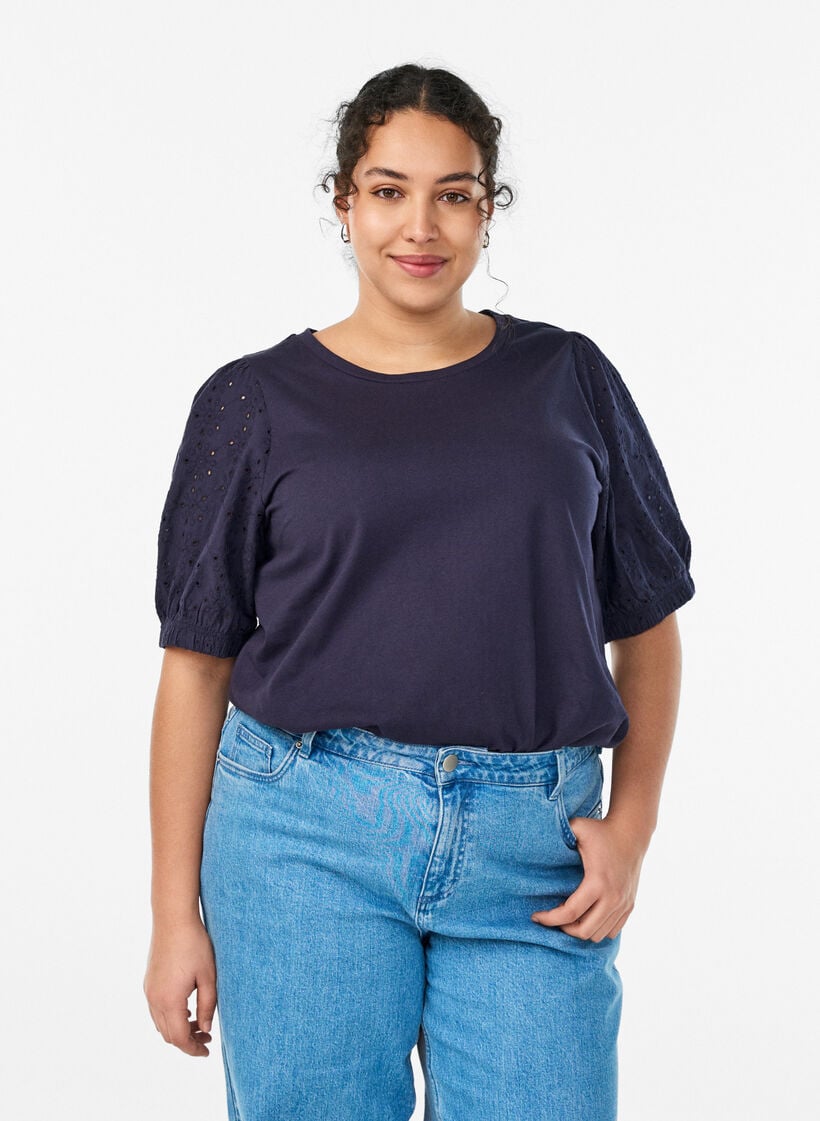 T-skjorte med Broderie Anglaise-ermer, Bl&aring;, Model image number 0