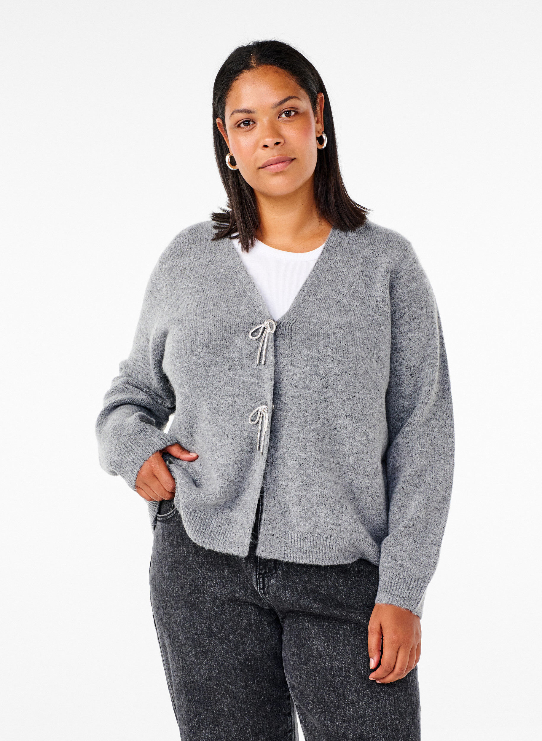 Zizzi Strikket cardigan med s&oslash;lvfarget sl&oslash;yfe, Medium Grey Melange, Model image number 0