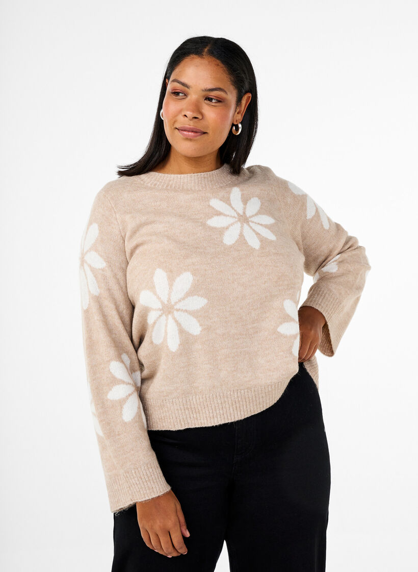 Strikket bluse med blomster, Simply Taupe Comb, Model image number 0