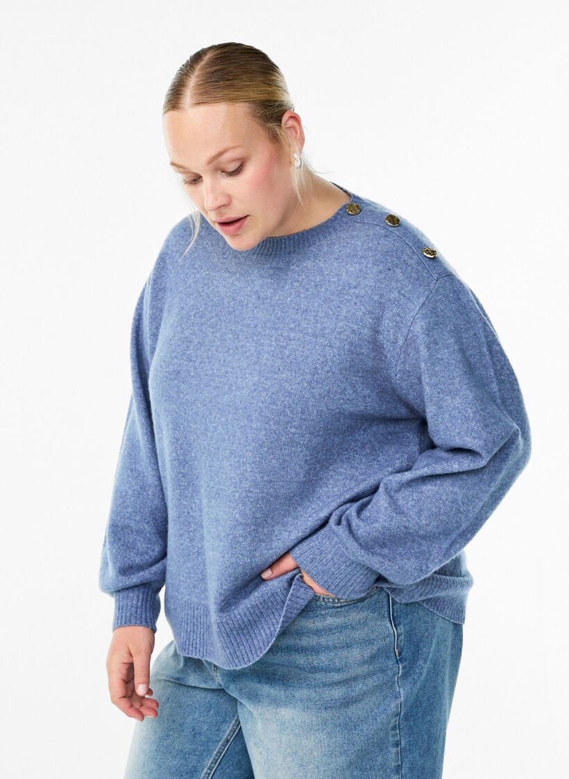 Strikket bluse med knappdetalj, Bl&aring;, Model image number 0