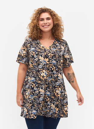 FLASH- tunika med V-hals og mønster, Brown Blue Flower, Model image number 0