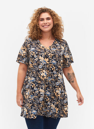 FLASH- tunika med V-hals og mønster, Brown Blue Flower, Model image number 0