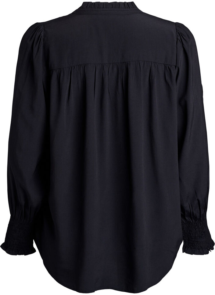Bluse med rysjekrage og rynking, Svart, Packshot image number 1