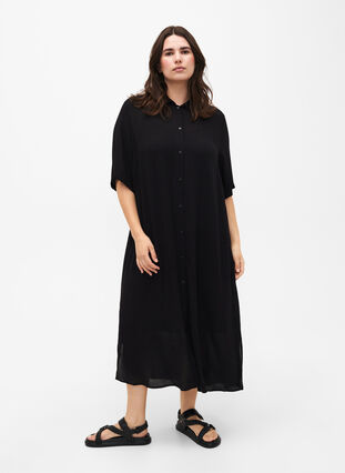 Skjortekjole i viskose med korte ermer, Black, Model image number 0