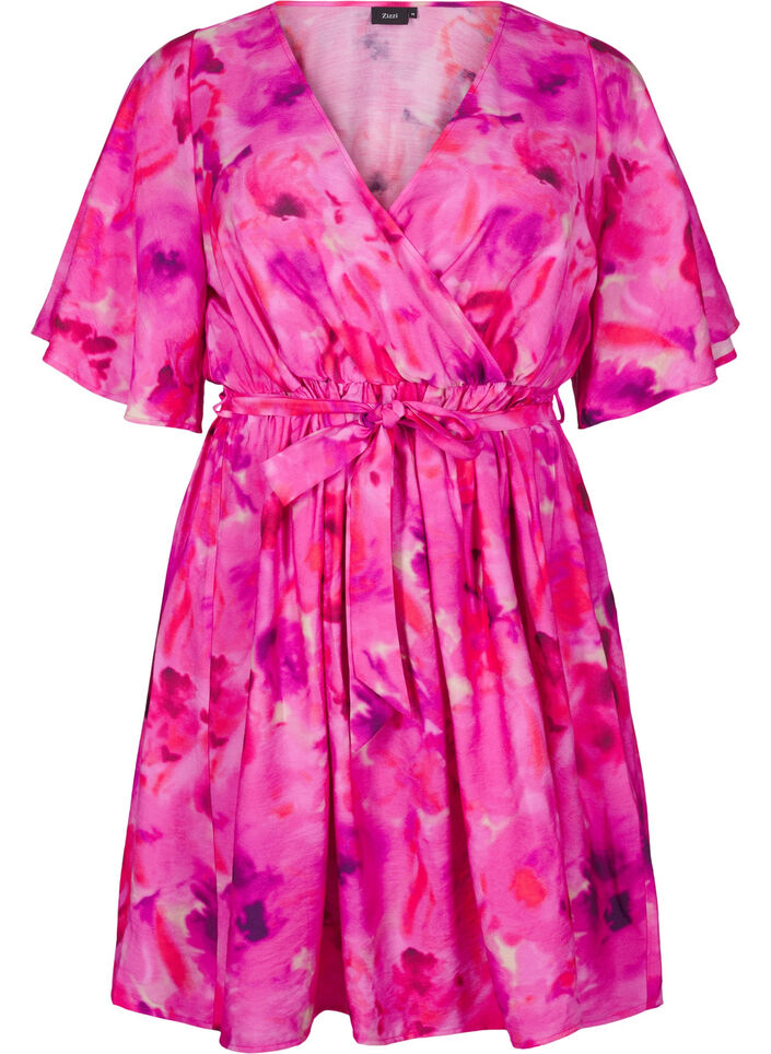 Knelang kjole med blomstertrykk og omslags-look, Pink Rose AOP, Packshot image number 0