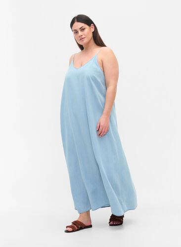 Lang denimkjole med tynne stropper, Light blue denim, Model image number 0