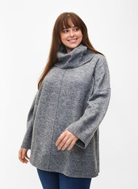 Melert strikkegenser med rullekrage, Medium Grey Melange, Model
