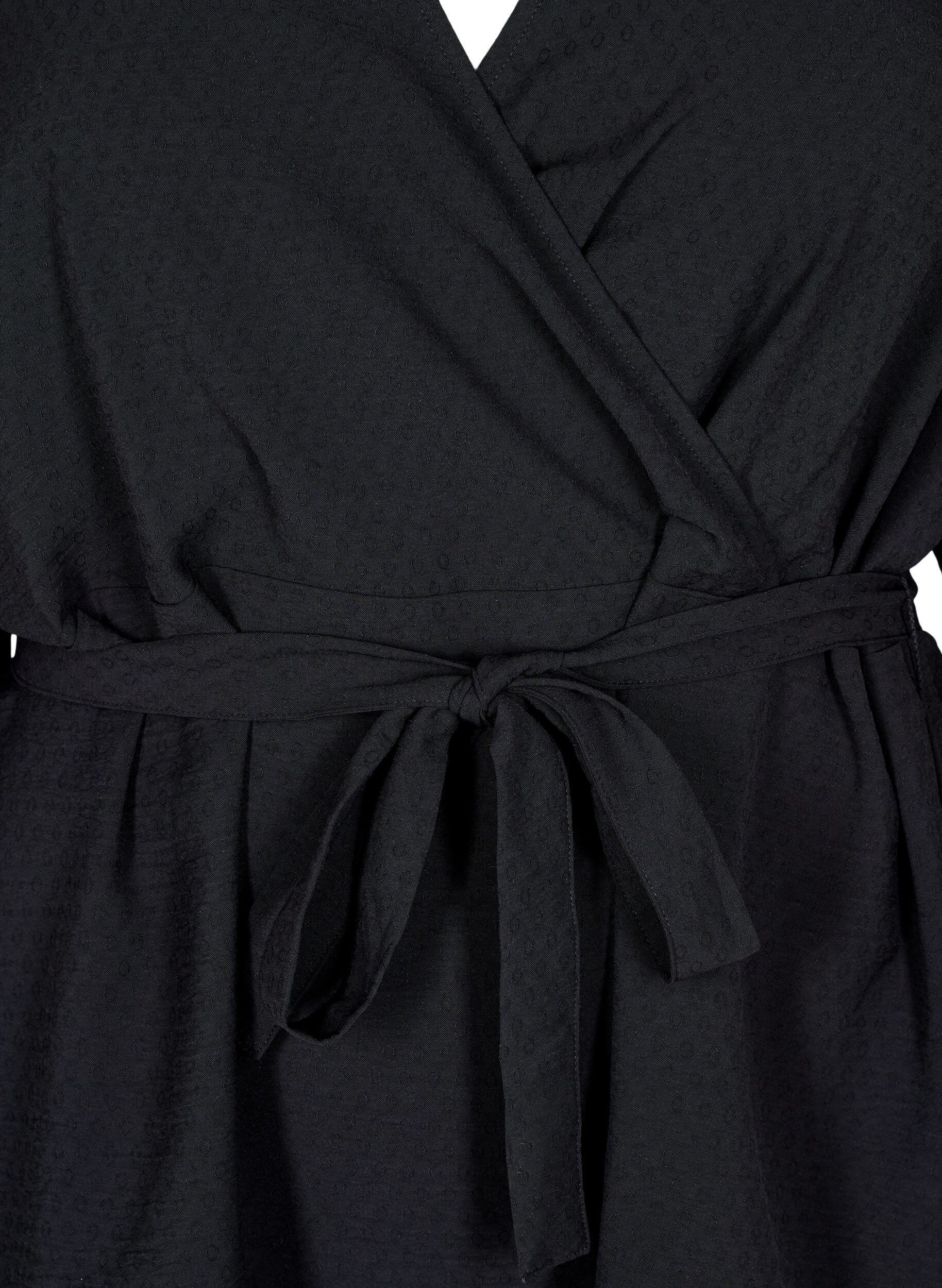 Zizzi Langermet omslagsbluse med knytebelte, Svart, Packshot image number 2