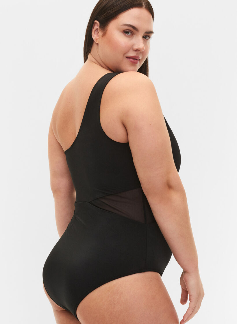 One-shoulder badedrakt med mesh, Black, Model image number 3