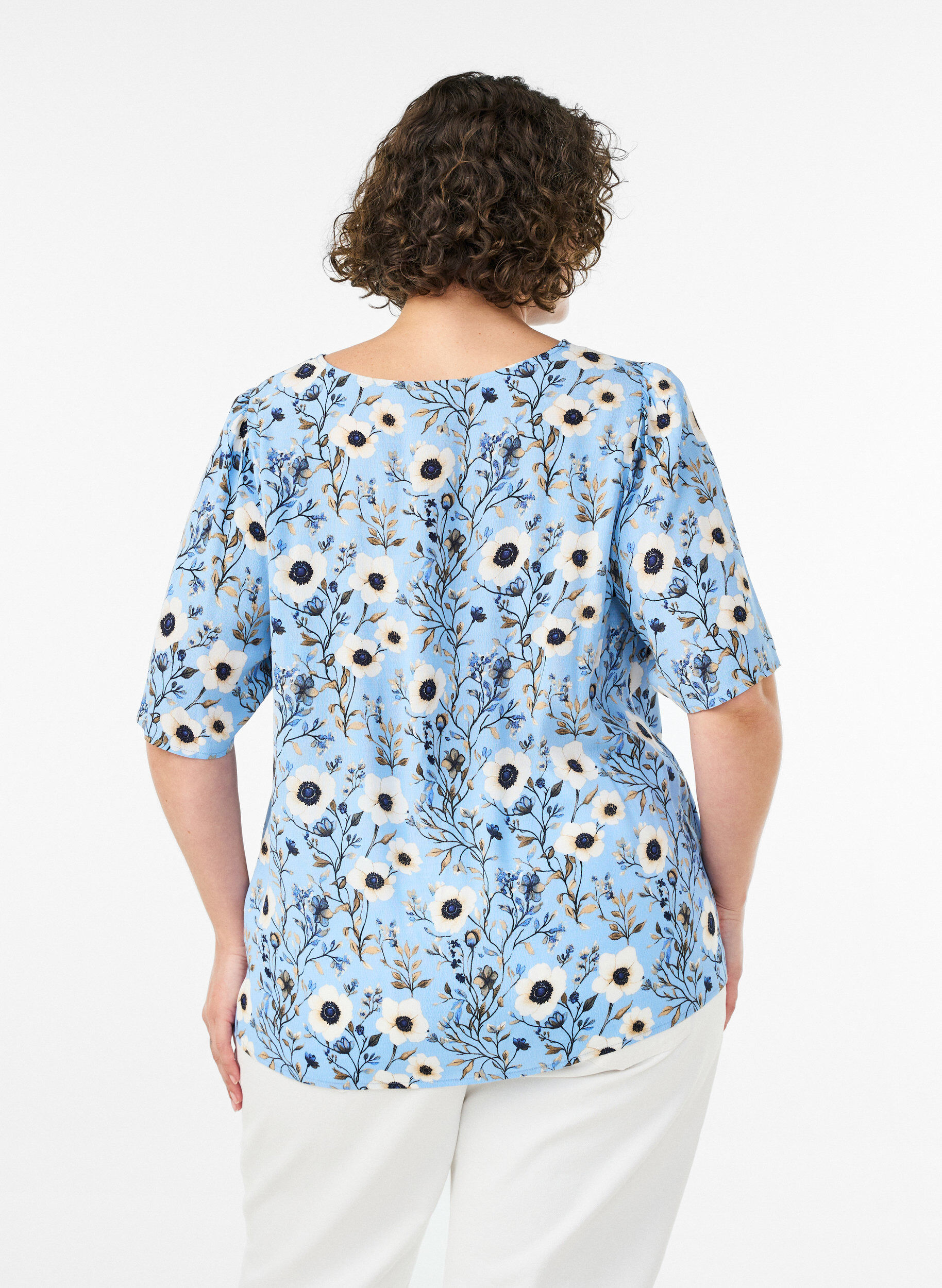 ZizziBluse med blomstertrykk og korte ermer, Bl&aring;, Model image number 2