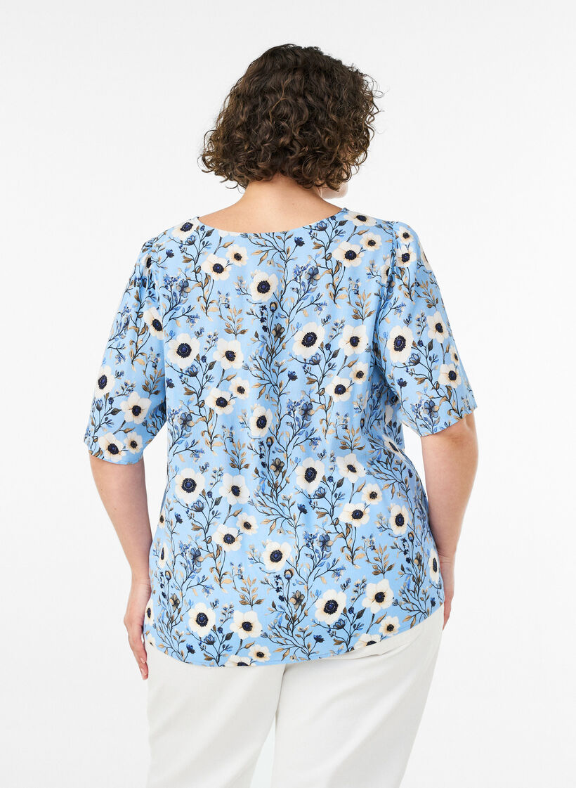 Bluse med blomstertrykk og korte ermer, Bl&aring;, Model image number 2