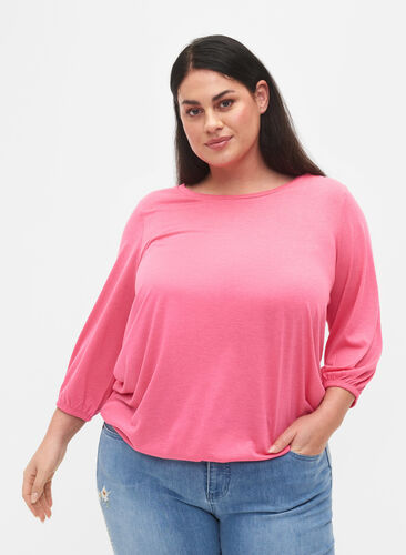 Ensfarget bluse med 3/4-ermer, Hot Pink Mel., Model image number 0