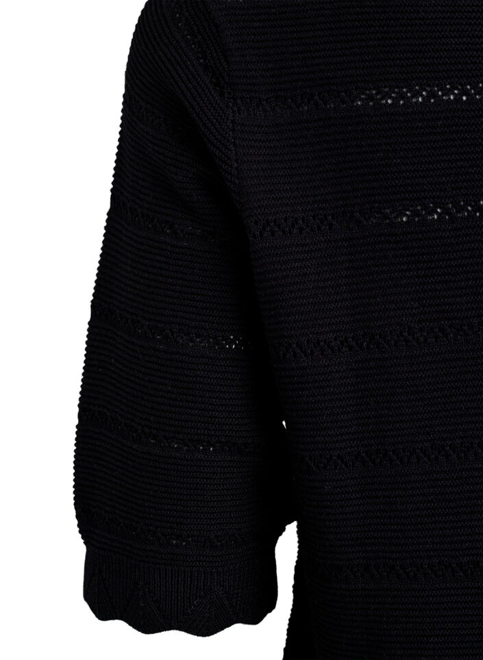Strikket bluse med stripet hullmønster og korte ermer, Svart, Packshot image number 3