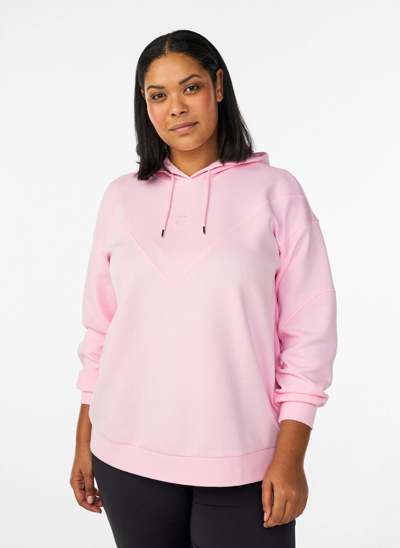 Sporty hettegenser i scuba-materiale med dekorative s&oslash;mmer, Rosa, Model image number 0