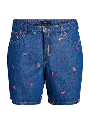 Zizzi Dongerishorts med broderte jordbær, Blå, Packshot image number 0
