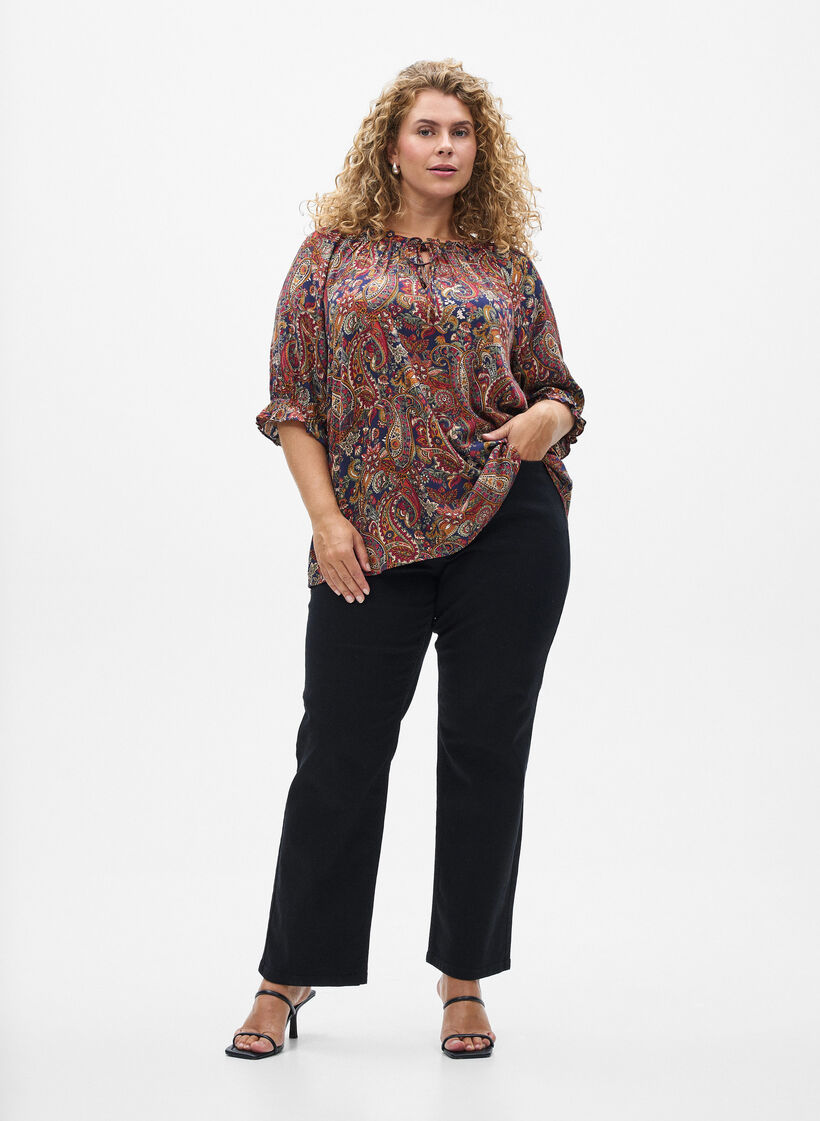Viskosebluse med paisleym&oslash;nster og albuelange ermer, Bl&aring;, Model image number 1