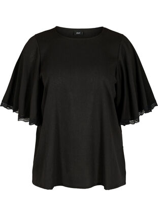 Bluse med brede 2/4-ermer og blondedetaljer, Black, Packshot image number 0