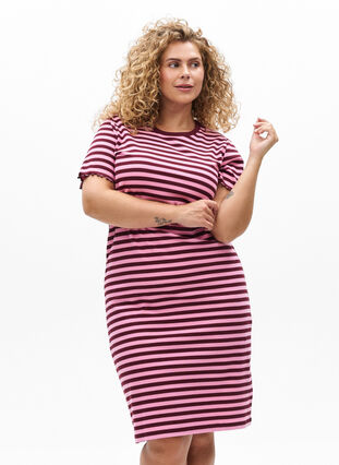 Zizzi Knelang T-skjortekjole i ribbet jersey, Mørk Bordeaux, Model image number 0