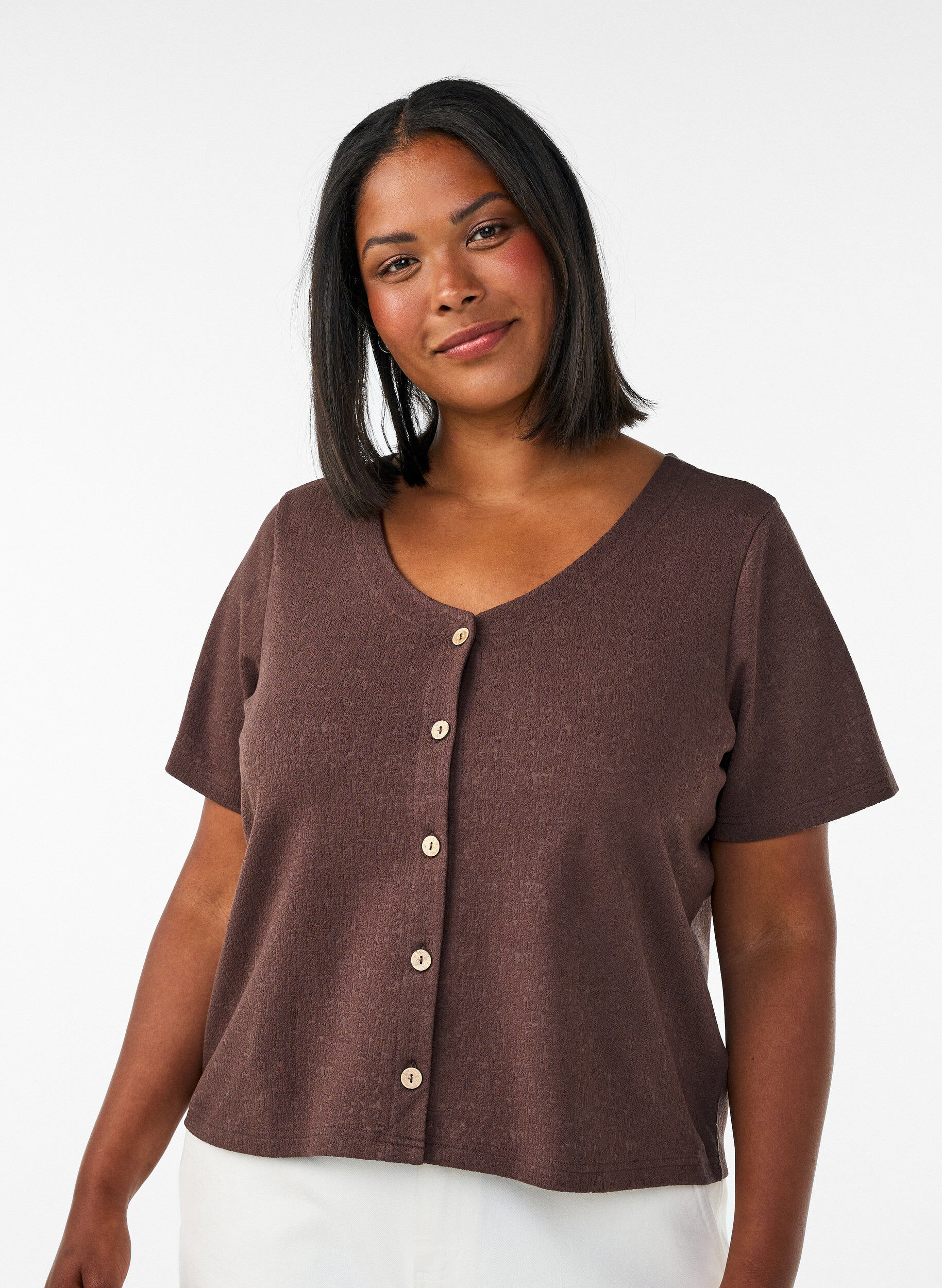 ZizziTeksturert bomullsbluse med knappelukking, Brun, Model image number 0
