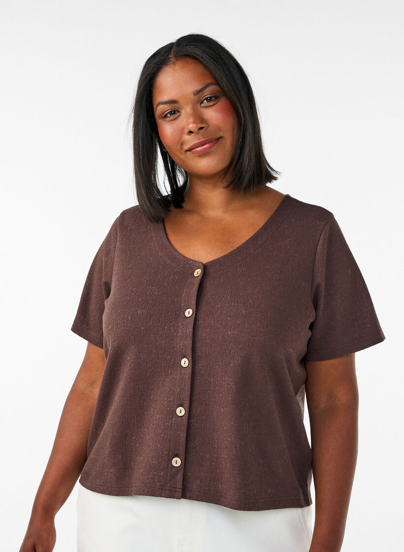 Teksturert bomullsbluse med knappelukking, Brun, Model image number 0