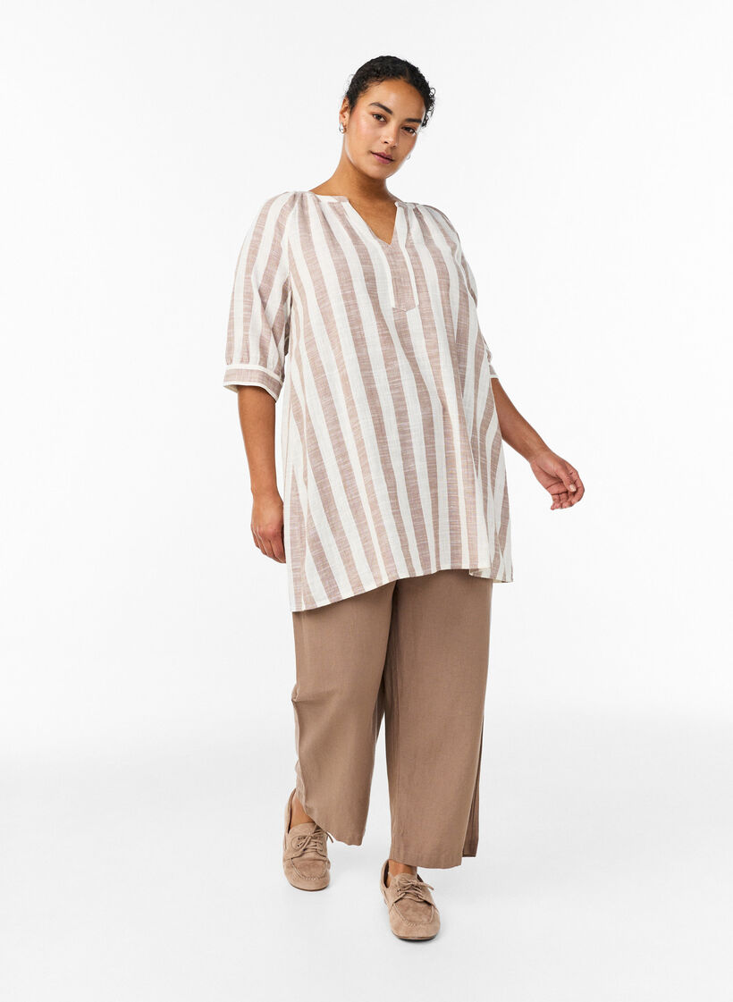 Bomullstunika med V-hals, Beige, Model image number 1