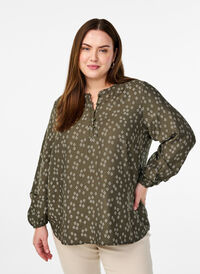Langermet bluse med mønster og knapper, Grønn Langermet bluse med mønster og knapper, Grønn, Model