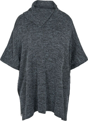 Kortermet strikket poncho med krage, Dark Grey Melange, Packshot image number 0