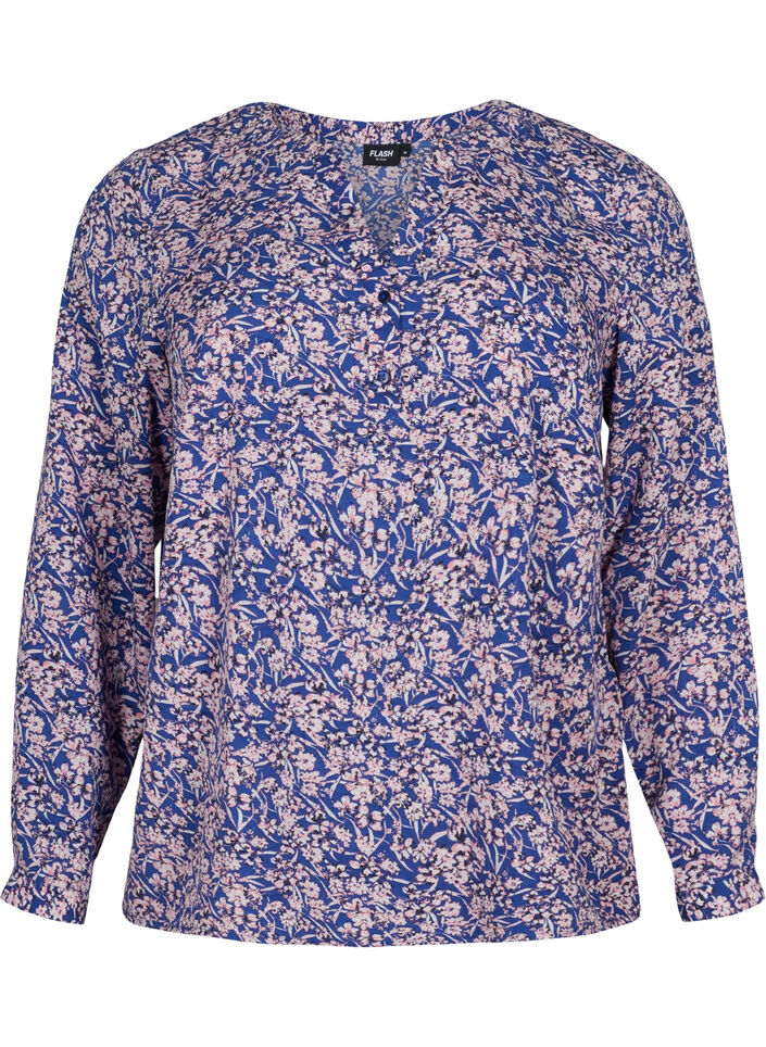 FLASH - Langermet bluse med mønster, Strong Blue Flower, Packshot image number 0
