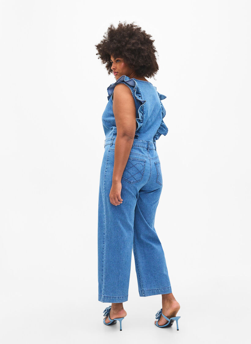 Jumpsuit i denim med volanger, Light Blue Denim, Model image number 1