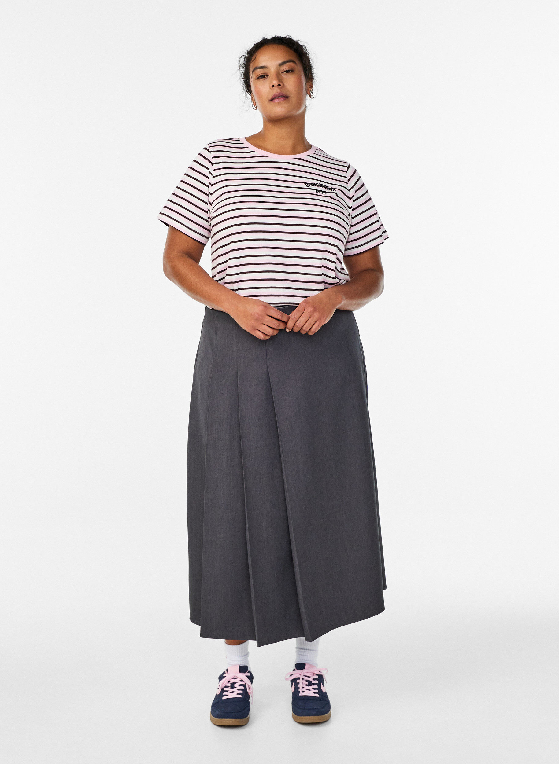 Zizzi Bomulls T-skjorte med striper, Rosa, Model image number 1