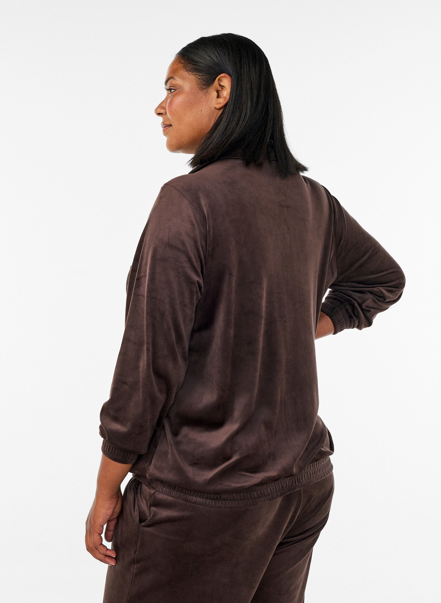 ZizziMyk velourcardigan med glidel&aring;s og h&oslash;y krage, Brun, Model image number 2