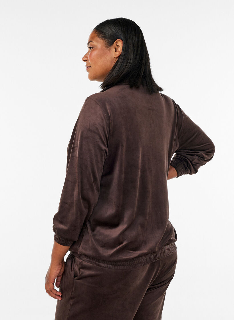 Myk velourcardigan med glidel&aring;s og h&oslash;y krage, Brun, Model image number 2
