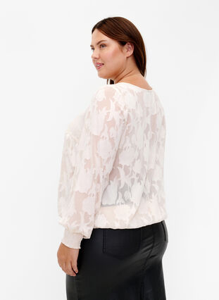 Jacquardbluse med smocking, Warm Off-white, Model image number 1