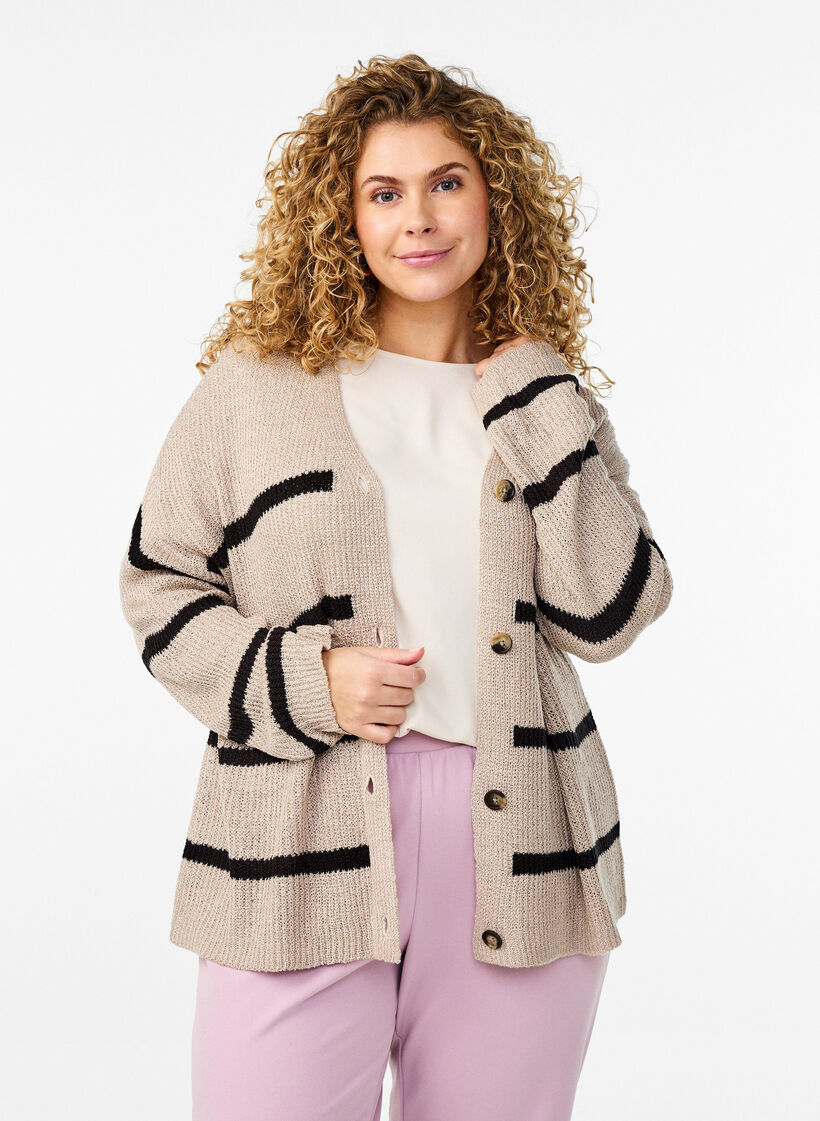 FLASH - Strikket cardigan med striper og knapper, Natural w. Black, Model