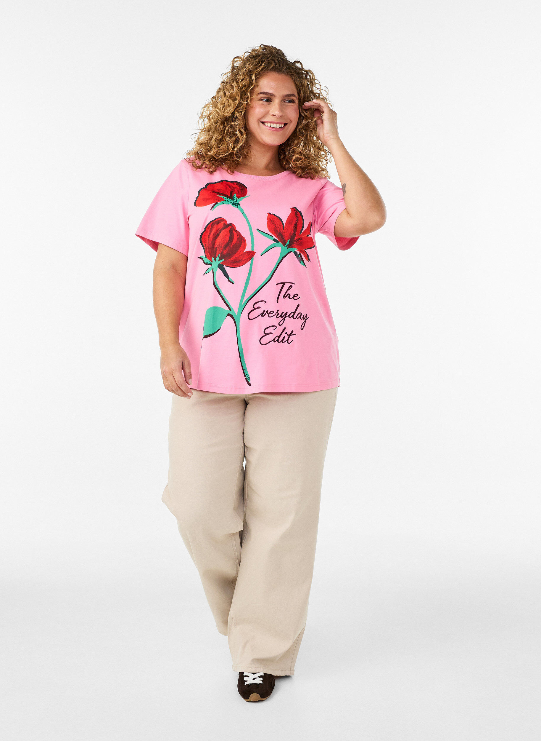 ZizziBomulls T-skjorte med trykk foran, Rosa, Model image number 1