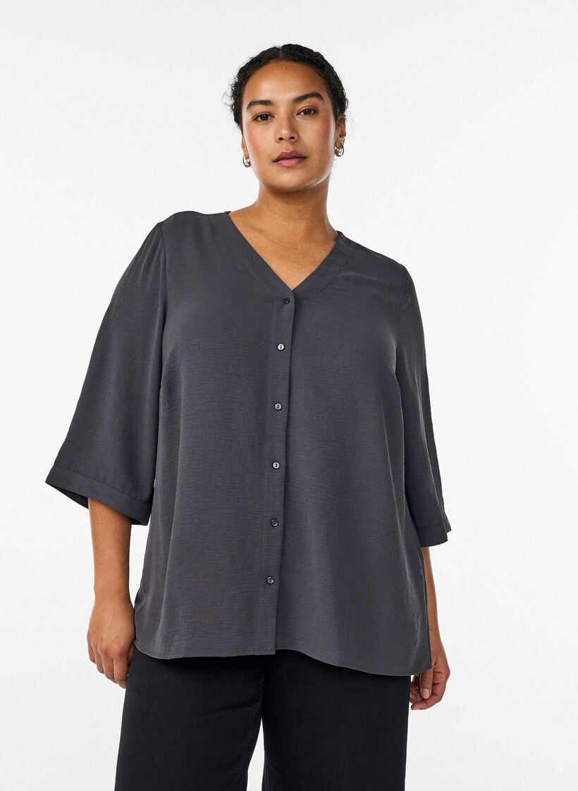 Skjortebluse med v-hals og 3/4 ermer, Gr&aring;, Model image number 0