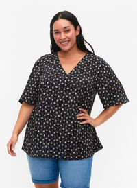 Kortærmet bluse med trykk, Blue Beige AOP, Model